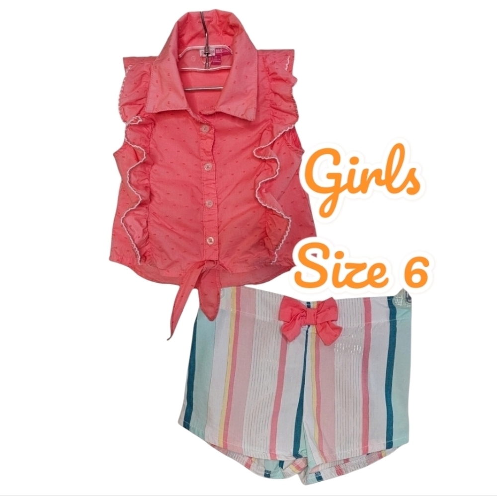 Penelope Mack Salmon Swiss Dot Ruffled CottonTop w White Striped Shorts size 6